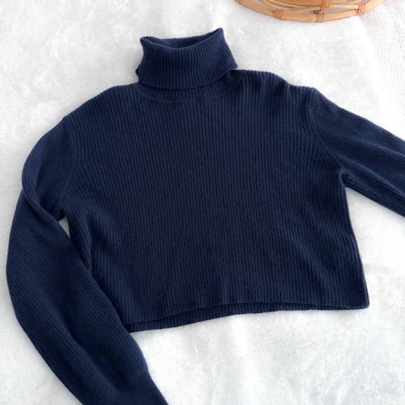 Reformation Luisa Cropped Turtleneck Sweater Navy Blue Cashmere - Picture 6 of 10